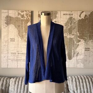Eileen Fisher Petite Royal Blue Linen Blend Open Front Knit Cardigan PL